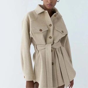 Zara Beige Cream Wool Overshirt Jacket Shacket Belted Size Small